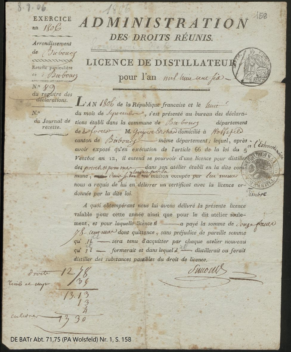Originale Brennrecht-Urkunde von 1806, Licence de Distillateur der Administration des Droits Réunis für Gregore Ewerhardt aus Wolsfeld