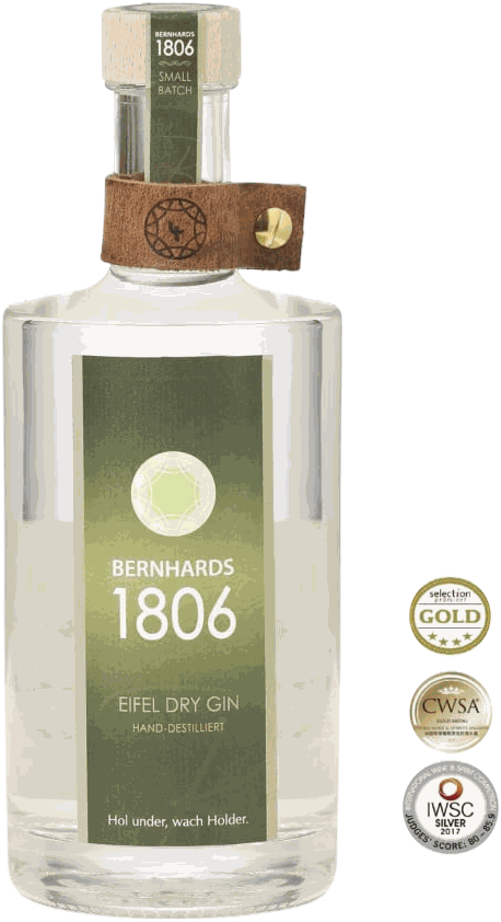 Flasche Bernhards 1806 Eifel Dry Gin mit den Auszeichnungen Gold, CWSA und IWSC Silber