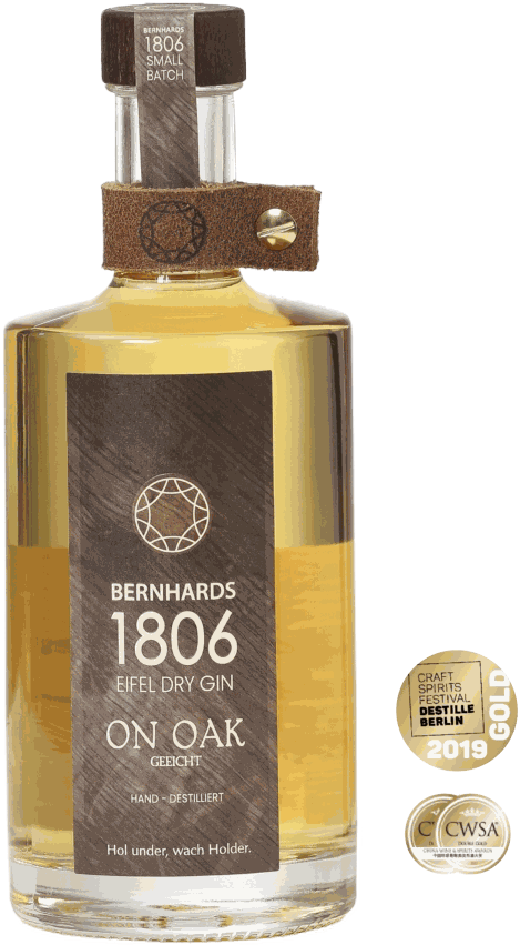 Flasche Bernhards 1806 On Oak mit den Auszeichnungen Craft Spirits Festival Destille Berlin Gold und CWSA