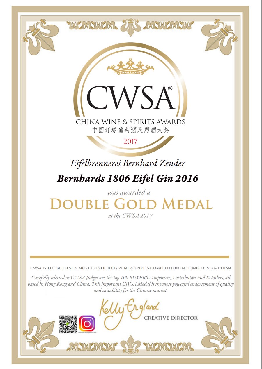 Urkunde der China Wine and Spirits Awards fuer Bernhards 1806