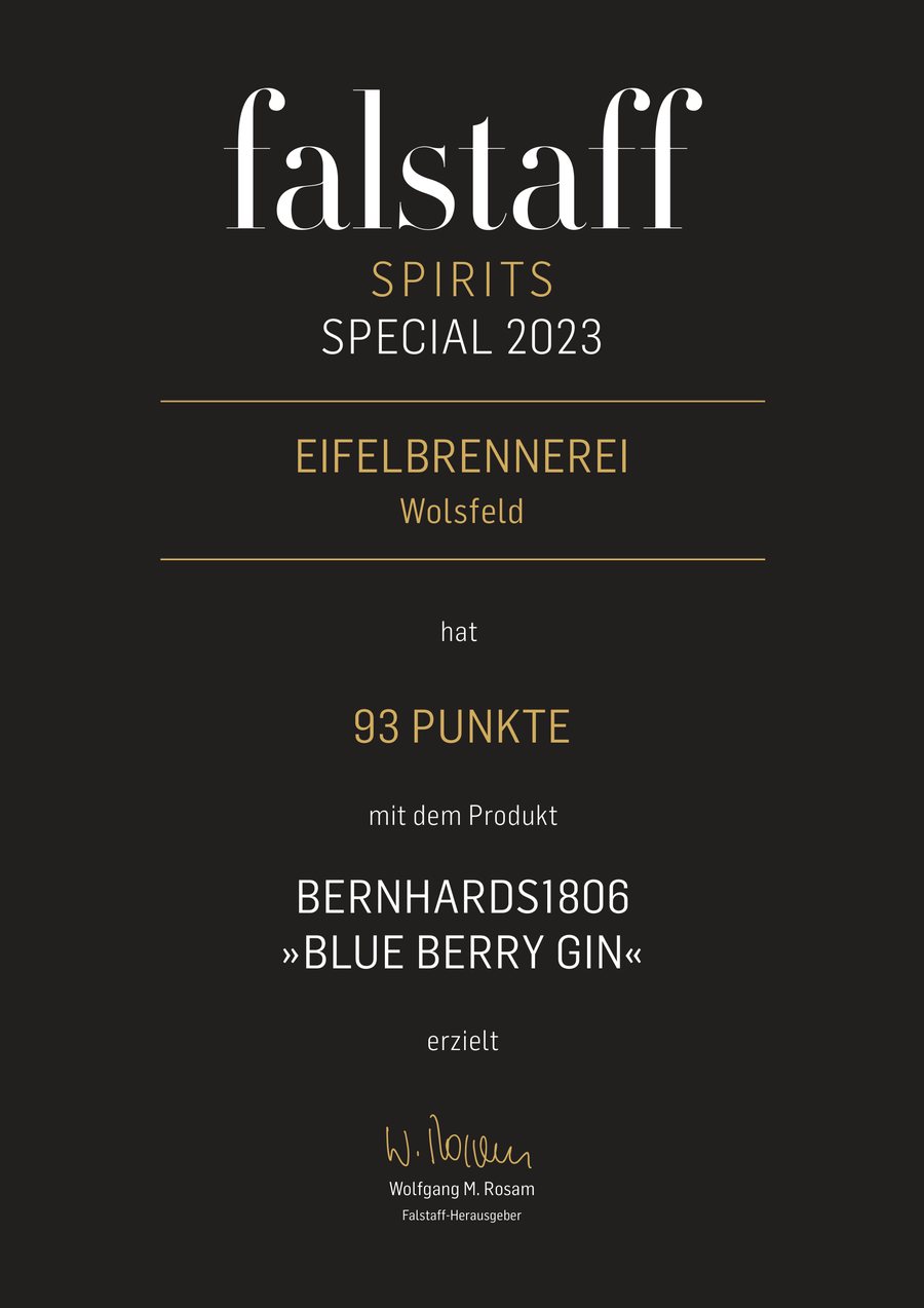 Falstaff Spirits Special 2023, 93 Punkte fuer Bernhards 1806 Blue Berry