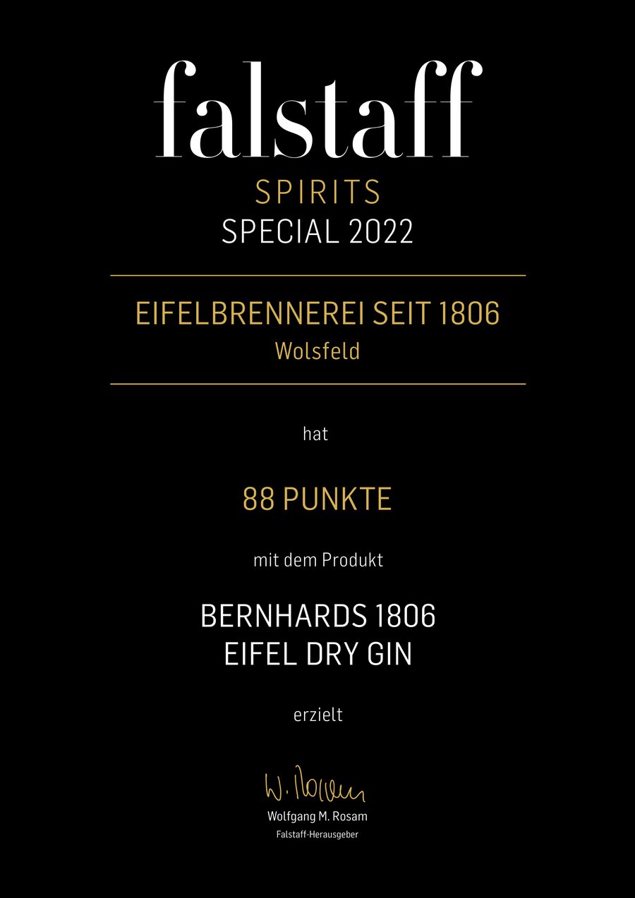 Falstaff Spirits Special 2022, 88 Punkte für Bernhards 1806 Eifel Dry Gin