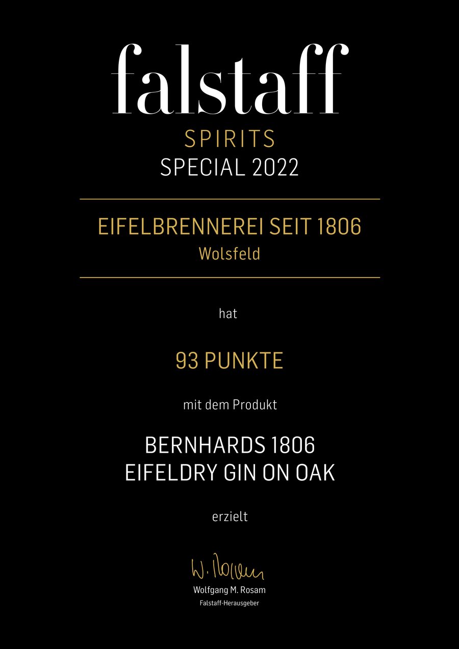 Falstaff Spirits Special 2022, 93 Punkte fuer Bernhards 1806 Eifel Dry Gin On Oak